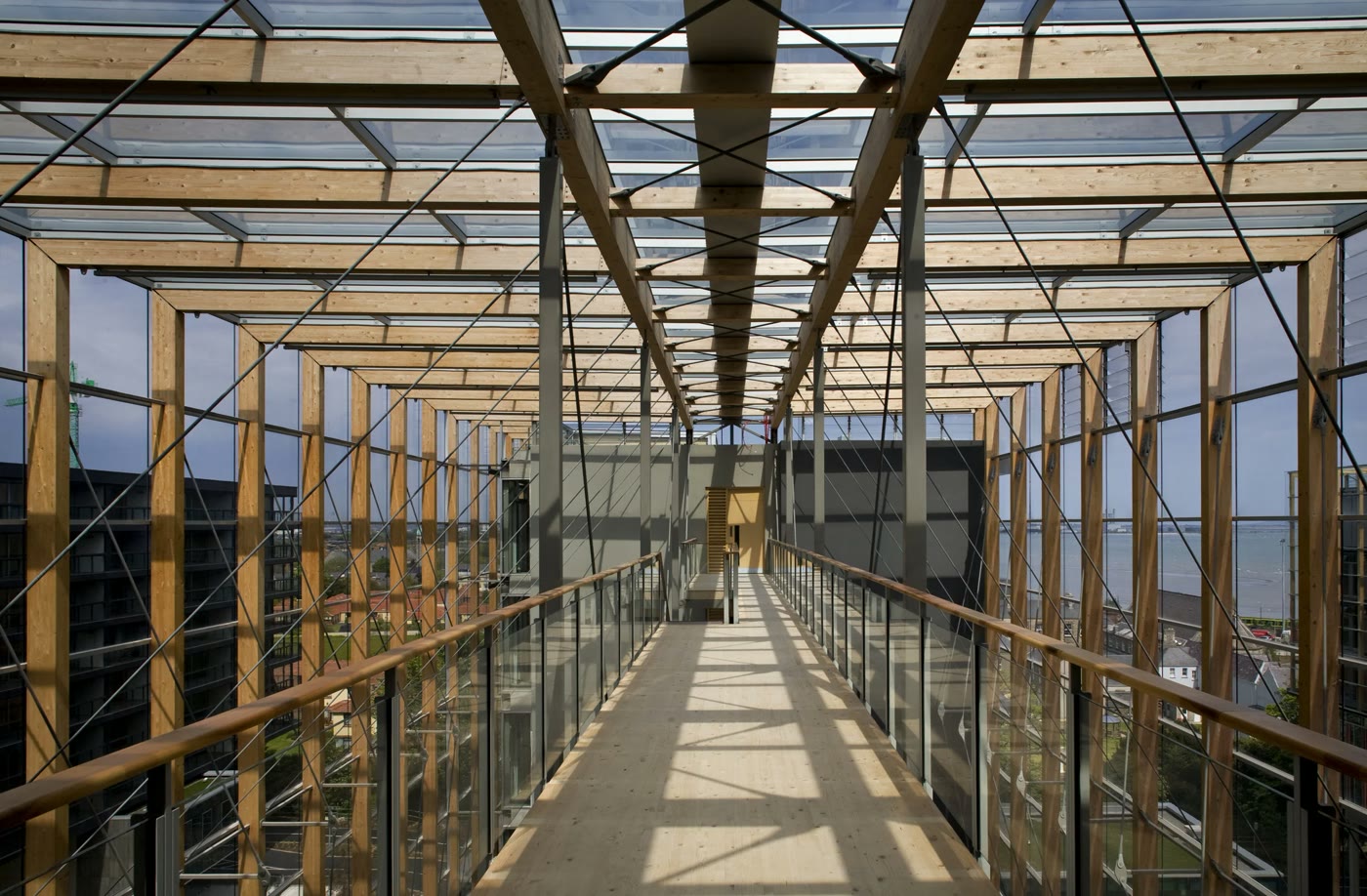 Sunlight through the glazed timber bridge walkway between the Elmpark Green buildings
